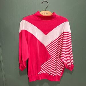 LAPS Vintage Hot Pink Color Block & Striped Mock Neck Sweatshirt Size M